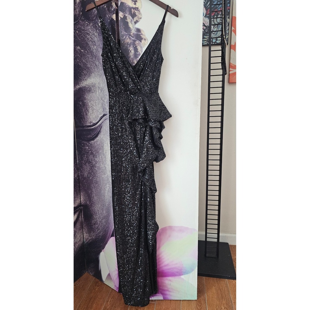 FAERIESTY Sequin Ruffle V Neck Sleeveless Maxi‎ Dress Formal Evening XS Black